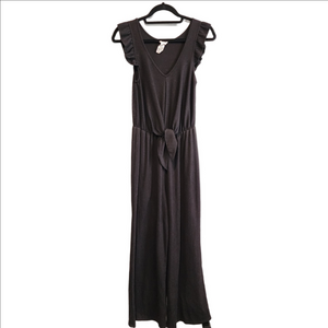 Black Wide Leg Ribbed Tie Waist Jumpsuit Caution To The Wind Size Extra Small
